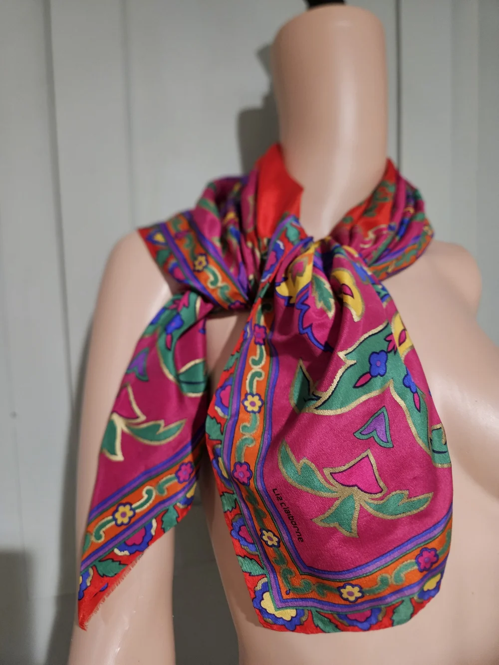 Vintage Liz Claiborne 100% Silk Floral Square Scarf Pink Red Multicolor